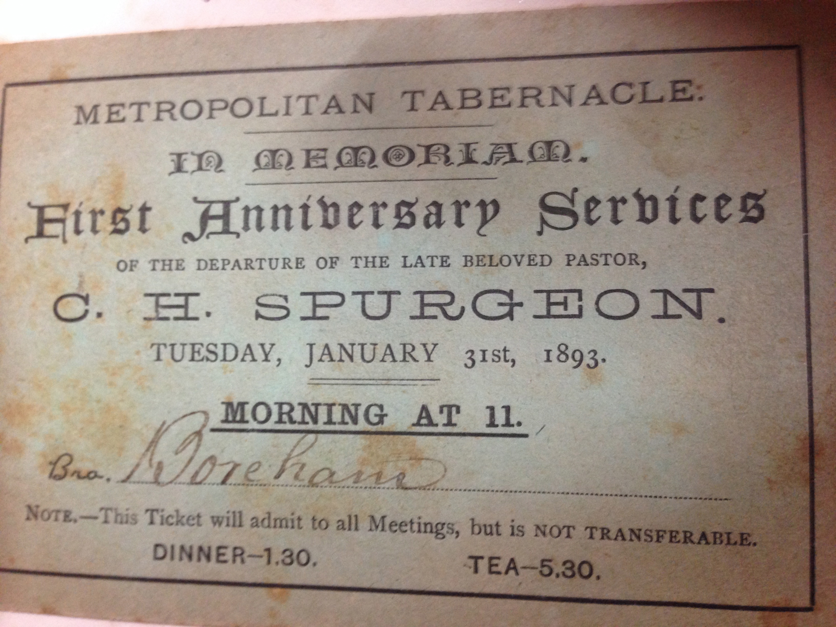 FWB's First anniversary of the death of Charles Haddon Spurgeon memorial ticket