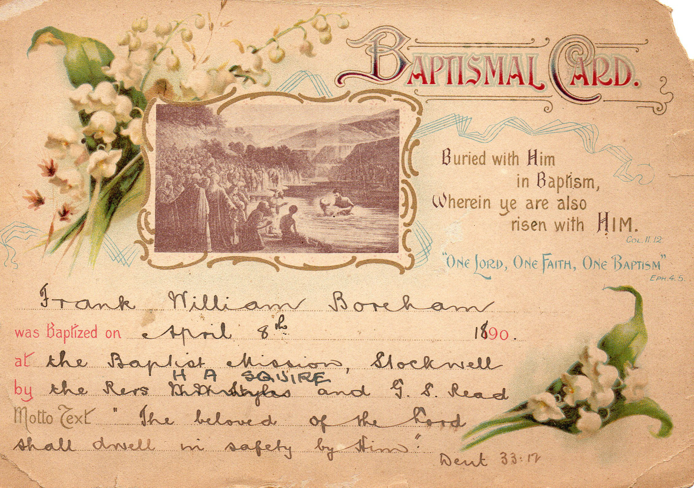 FWB's baptismal card