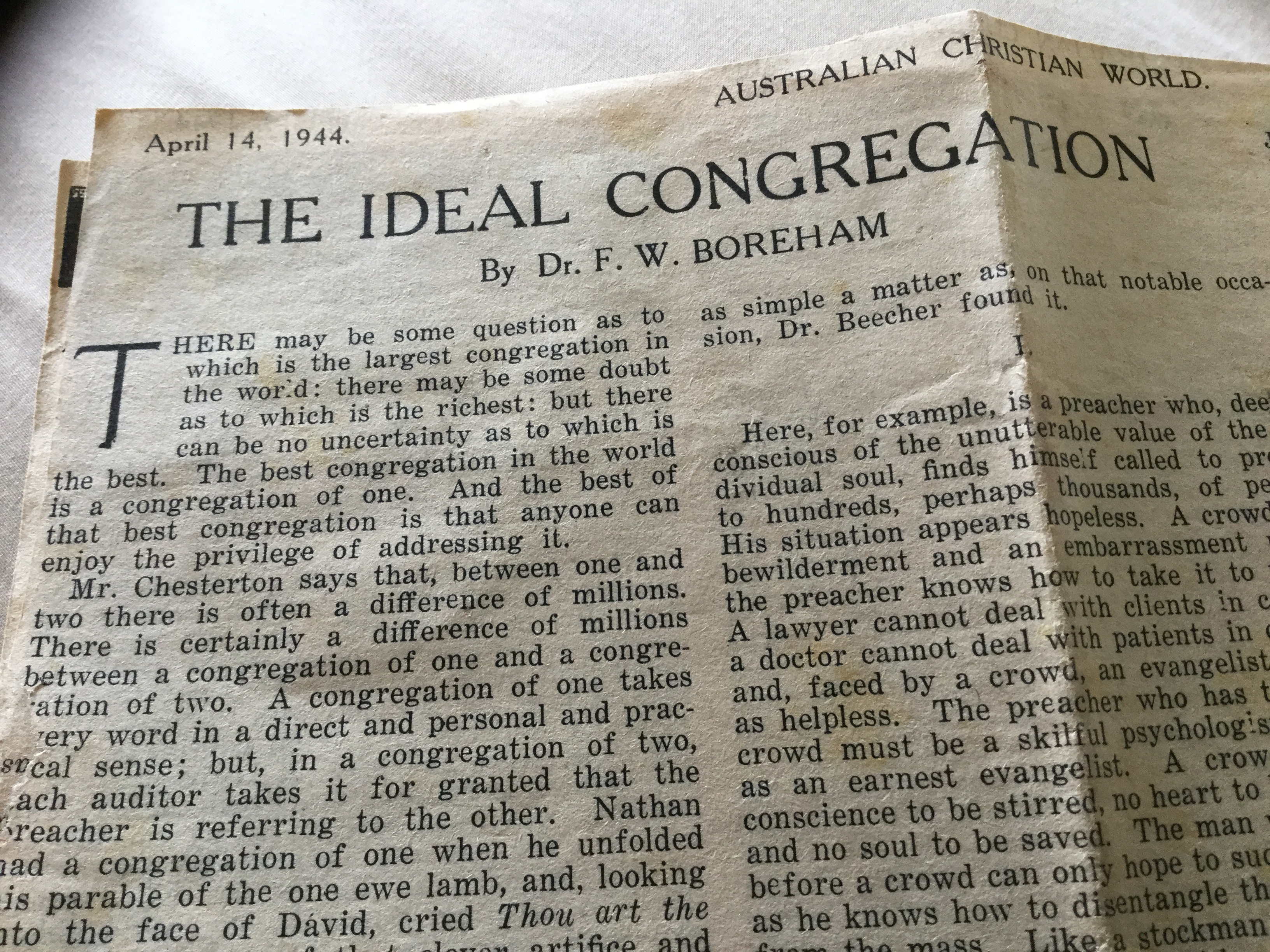 The Ideal Congregation, originally appeared in the Australian Christian World in 1944 and was later published in the 1954 book- Dreams At Sunset. Click here to read the essay.