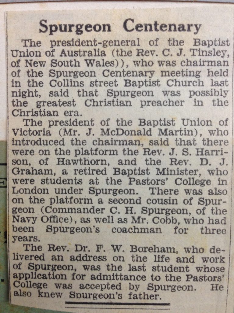 Charles Haddon Spurgeon memorial anniversary newspaper report where FWB was keynote speaker